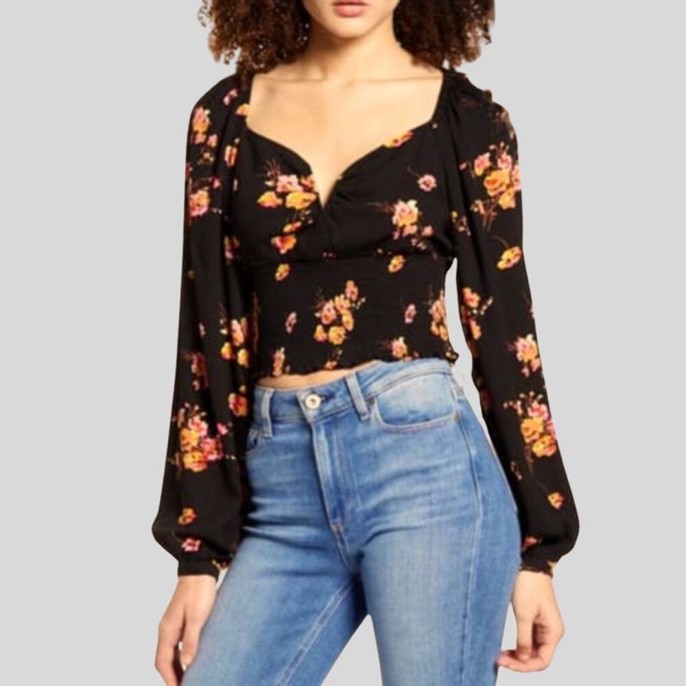 Leith Smocked Crop Black Floral Top Sweetheart Neckline Boho Peasant Size M